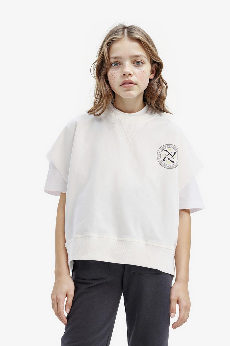DeFacto Beige Girl Girl Oversize Crew Neck Slogan Printed Sweatshirt Casual - Image 1